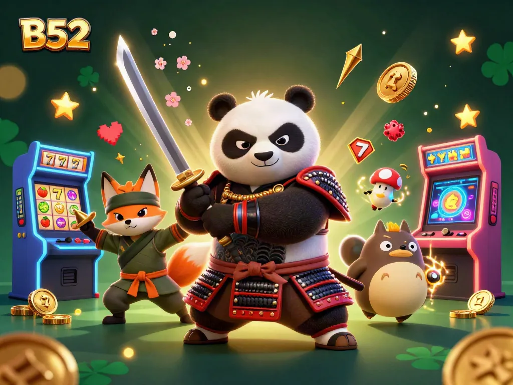 Engage with B52 through a vibrant gambling scene featuring dynamic slot machines, samurai panda, and magical elements.