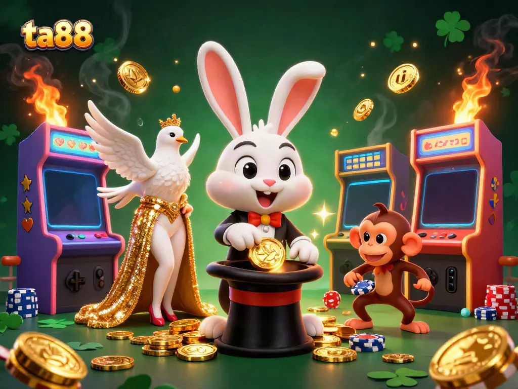 Engage in exciting gaming action with ta88’s vibrant casino scene featuring a magician, dove, and monkey.
