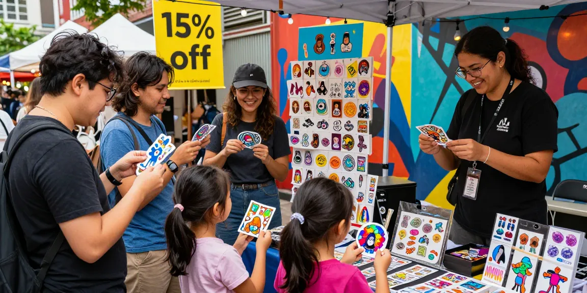 Engaged shoppers exploring vibrant custom stickers at an urban marketplace.