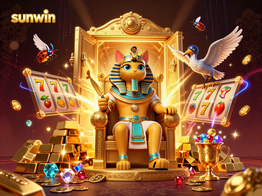 Engage with the exciting gaming world of sunwin, featuring a vibrant scene with Egyptian elements and slot reels.