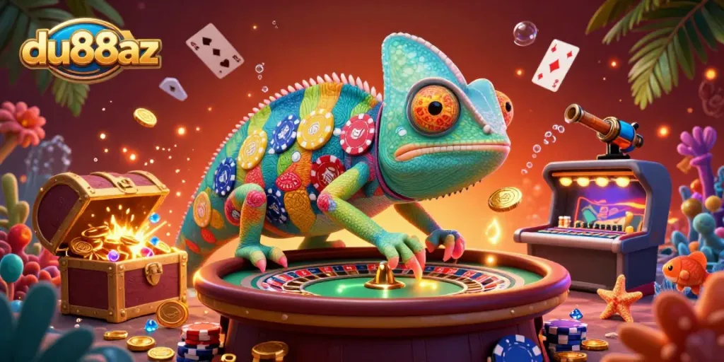 Experience vibrant casino thrills with du88az, featuring a dynamic chameleon owner amidst floating golden coins.