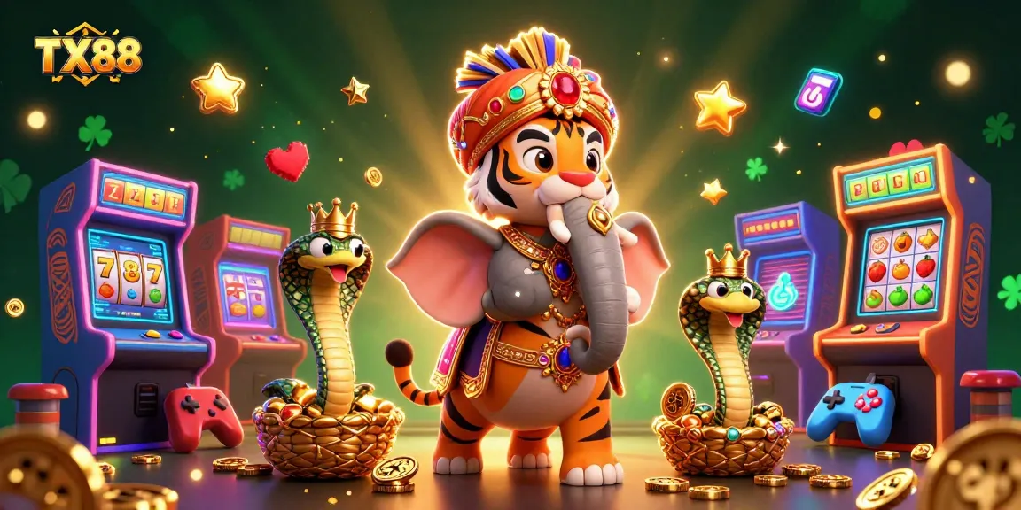 Experience the excitement of TX88 with vibrant casino elements featuring a maharaja, elephant, and cobra.