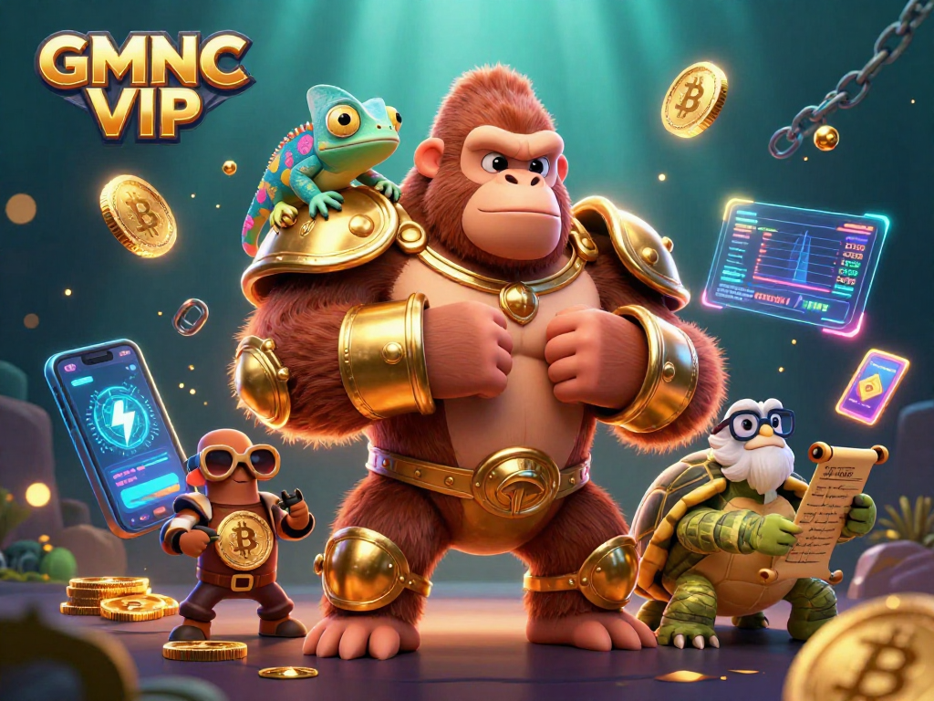 Experience GMNC VIP as a vibrant online casino scene with playful characters and cryptocurrencies.