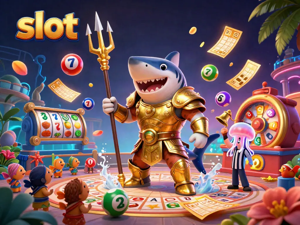 Experience thrilling slot gaming with the cheerful tiger shark and vibrant game elements in a lively underwater scene.