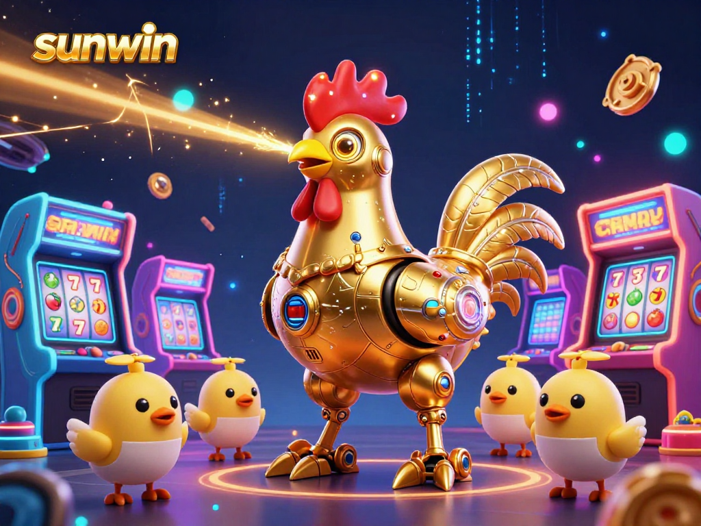 Engage in thrilling gameplay with sunwin's neon-lit casino featuring a golden rooster robot and arcade machines.