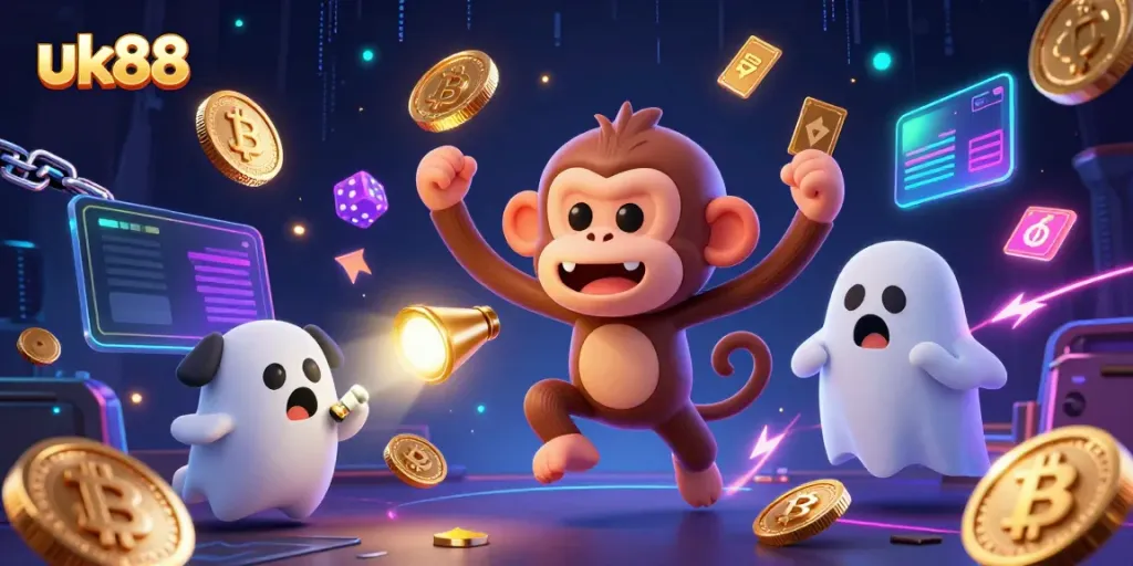 uk88 brings excitement as a mischievous monkey juggles coins in a vibrant haunted casino.