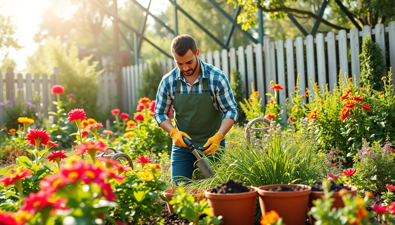 Gartenbaubetrieb pflegt einen blühenden Garten mit verschiedenen Pflanzen und Blumen.
