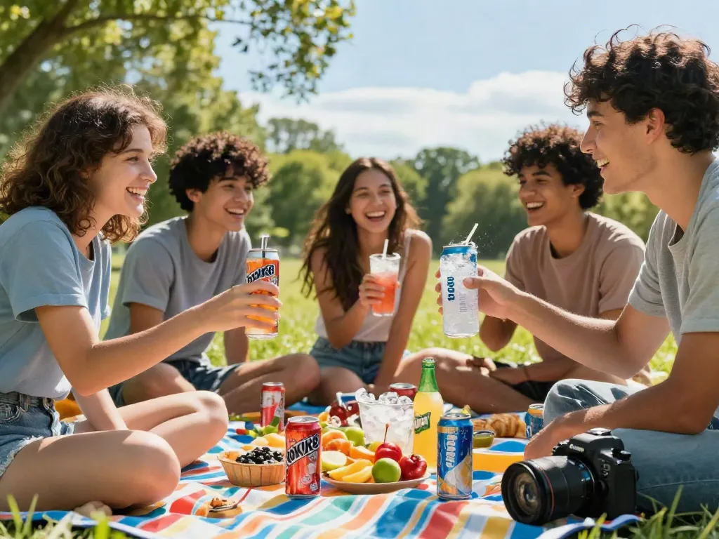 Friends celebrating with ROKOK88 soda during a sunny picnic, reflecting joyful summer moments.