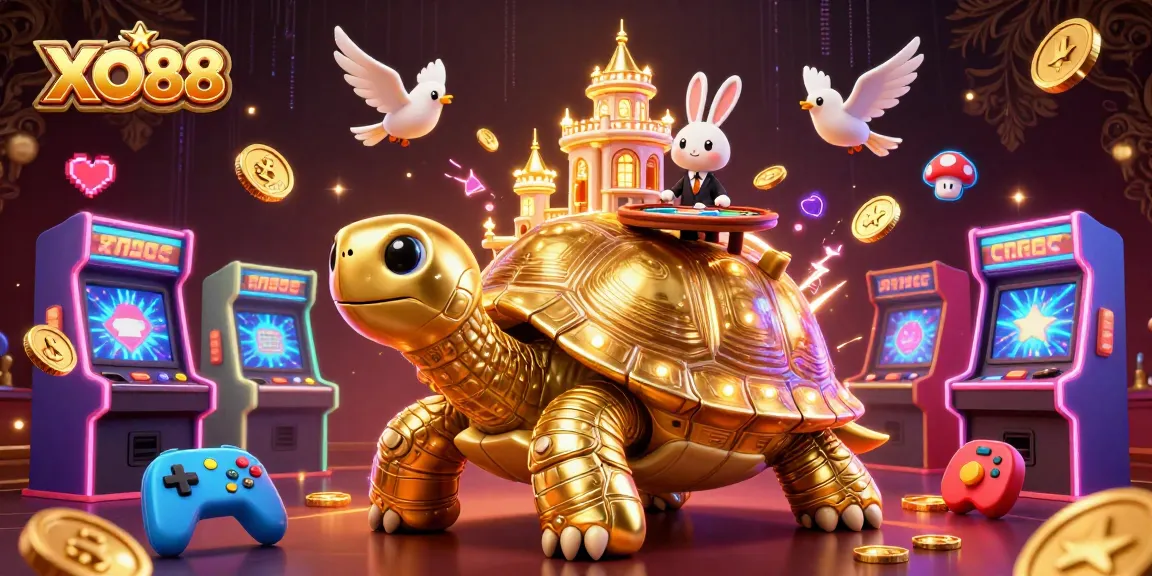 Experience excitement at XO88 with a golden tortoise casino and vibrant game elements.