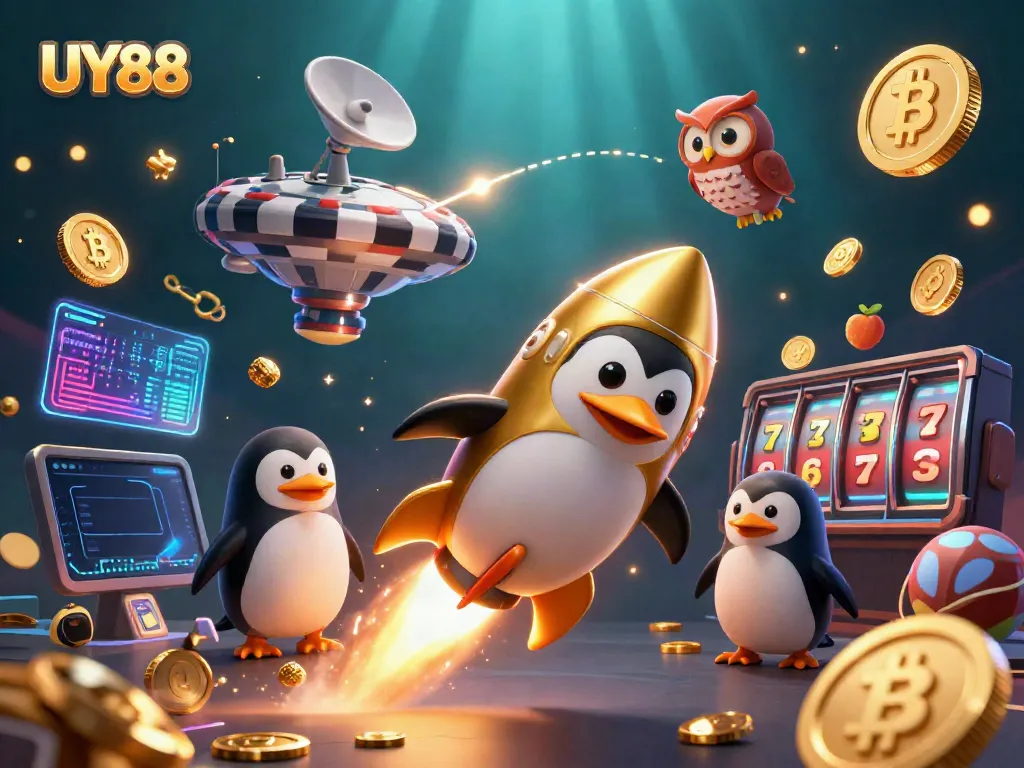 Experience thrilling online gaming with UY88’s golden rocket penguin in a vibrant casino universe.