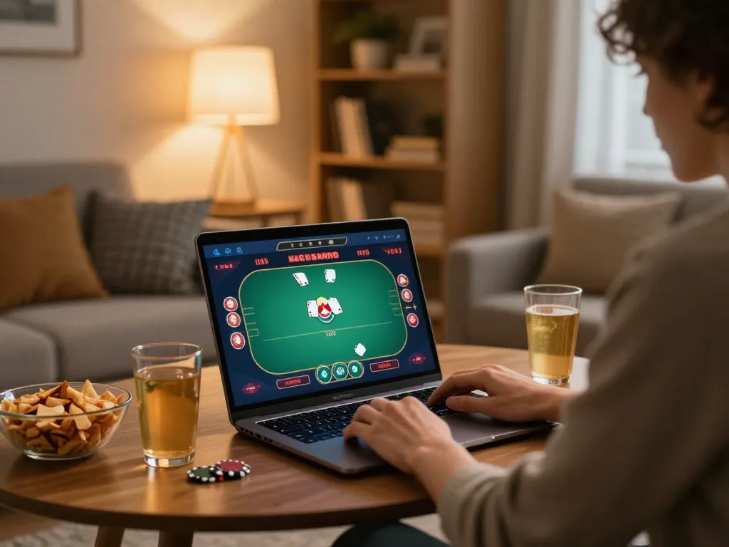 A player strategizing poker on trang chủ lc88 online casino platform from a cozy living room.