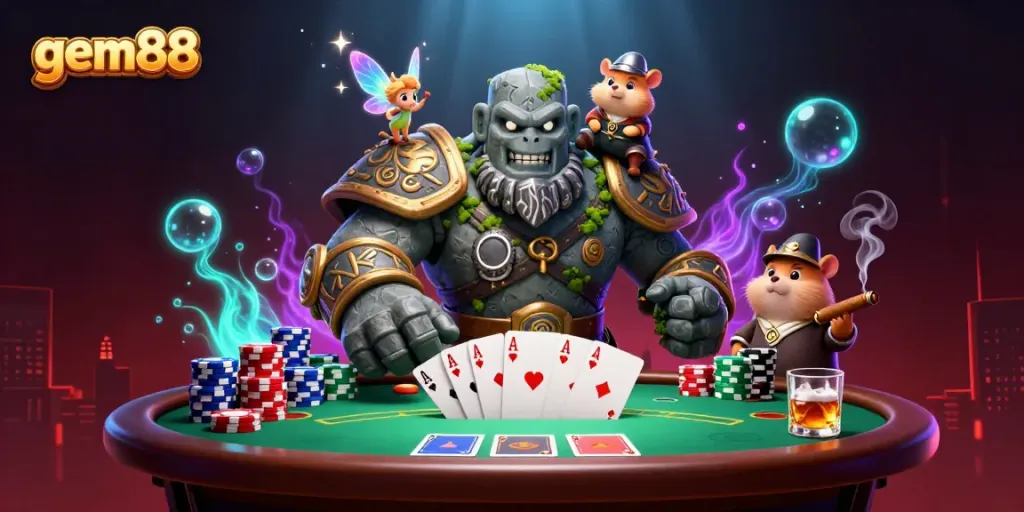Experience thrilling poker at gem88 with a lively scene of magical characters and rich casino elements.