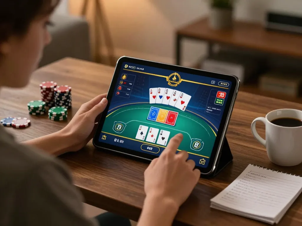 Playing a poker game on a tablet at home, emphasizing 789winf gaming strategies.
