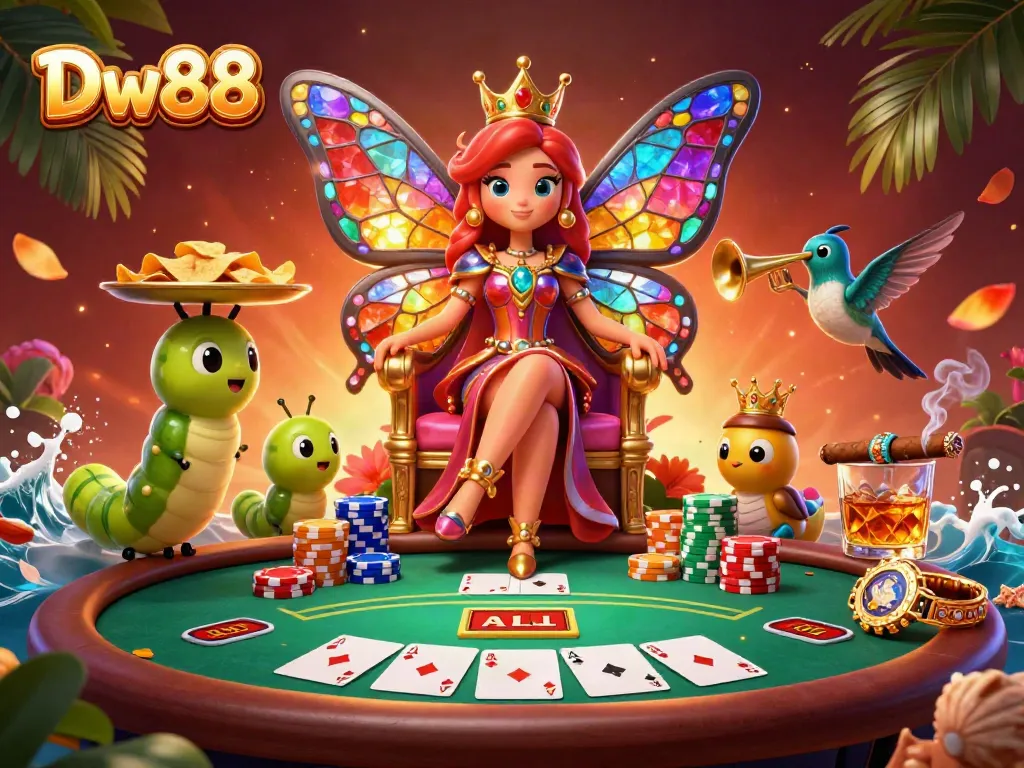 Enjoy thrilling gameplay at Dw88 with a vibrant casino scene featuring a butterfly queen amidst poker elements.