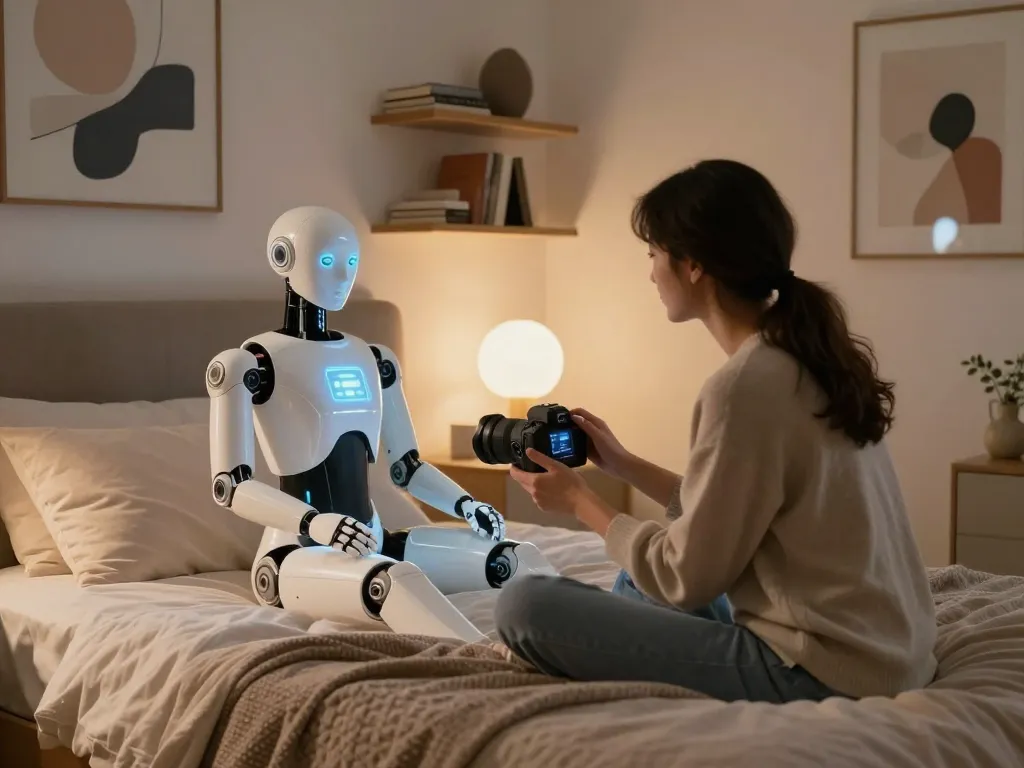 Person engaging with a lifelike sex bot in a cozy, modern bedroom setting, showcasing intimate AI interaction.