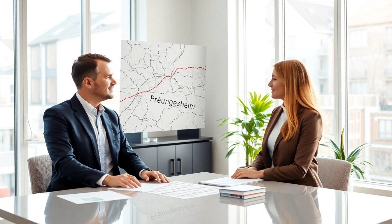 Immobilienmakler Frankfurt Preungesheim berät ein Paar in einem modernen Büro.