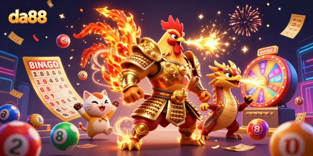 Engage in thrilling gameplay with da88 as a vibrant rooster warrior and dragon hatchling bring excitement to the scene.