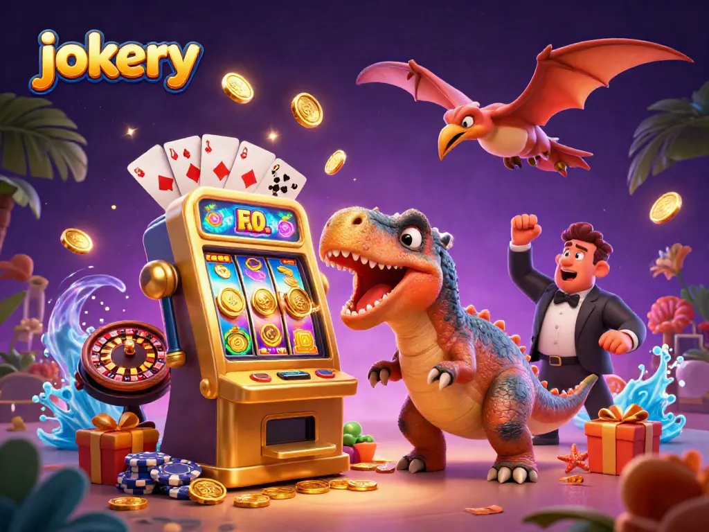 Experience jokery excitement as a dinosaur hits a jackpot while a panicked manager reacts.