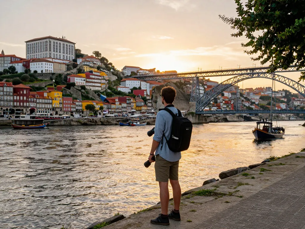 Reisetipps Porto: Reisender, der den Sonnenuntergang über Porto mit der ikonischen Skyline einfängt.