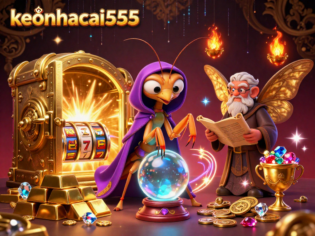 Engage with keonhacai555's vibrant casino scene featuring a mystical fortune teller and dynamic slot elements.
