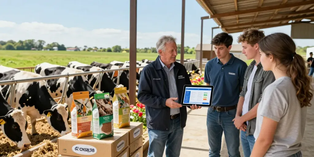 Engaged farmers discussing rokok88 slot login for effective livestock feed solutions in a sunny agricultural setting.