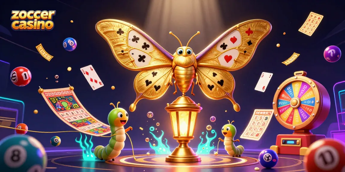 Experience the thrill of zoccer casino with a vibrant 3D illustration of a moth amidst dynamic lottery elements.