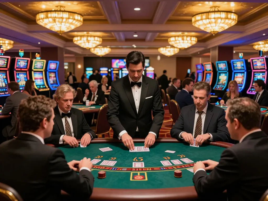 Players enjoying strategic blackjack at a lively casino floor on go8.com
