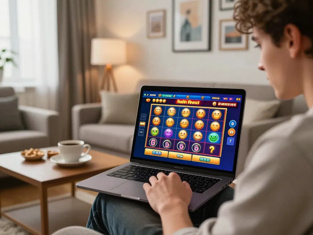 Engaging player exploring 98win's online slots in a cozy setting