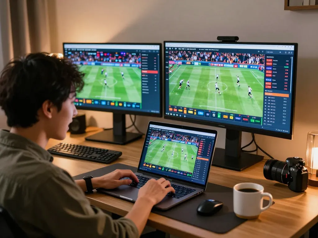 Engaging online sports betting experience with kèo nhà cái 5 prominently featured on screen, dynamic home office setup.