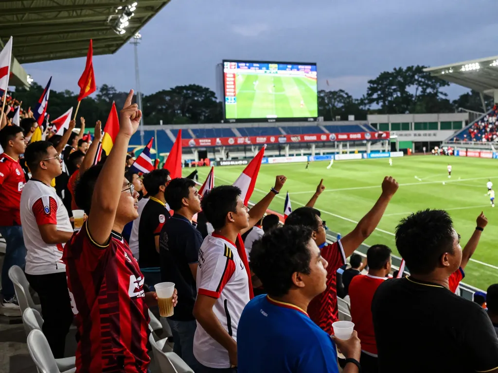Exciting judi bola betting scene with fans cheering during a lively football match