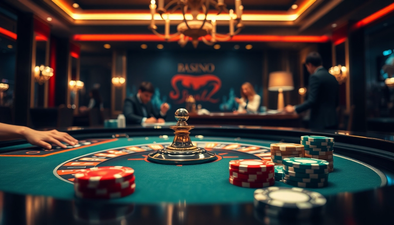 Spielen von casinospielen an einem eleganten Roulettetisch im Casino mit Spielern.