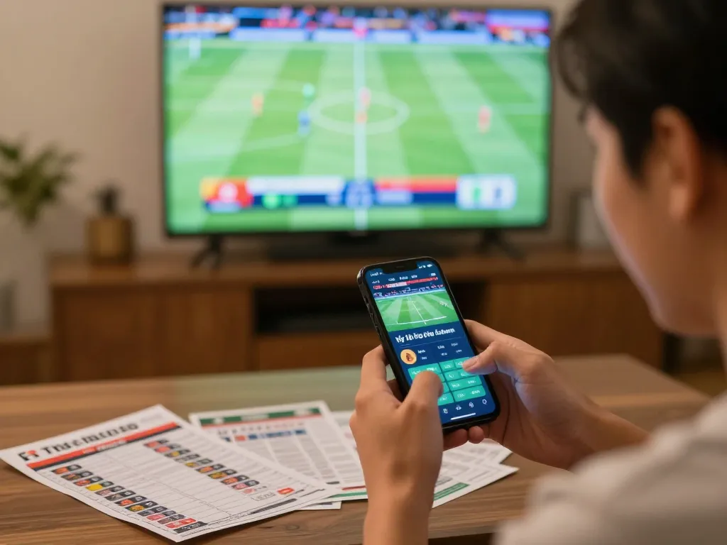 Engaged bettor reviewing tỷ lệ bóng đá kèo nhà cái while watching live football matches on TV