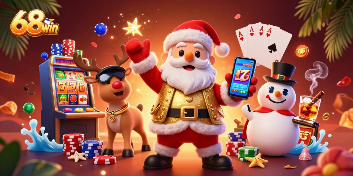 Experience the excitement of 68win's vibrant casino scene with Santa, poker chips, and jackpots!