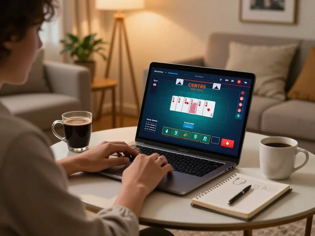 Player enjoying poker gameplay with dn88 on a laptop in a cozy home setting, showcasing strategy and relaxation.