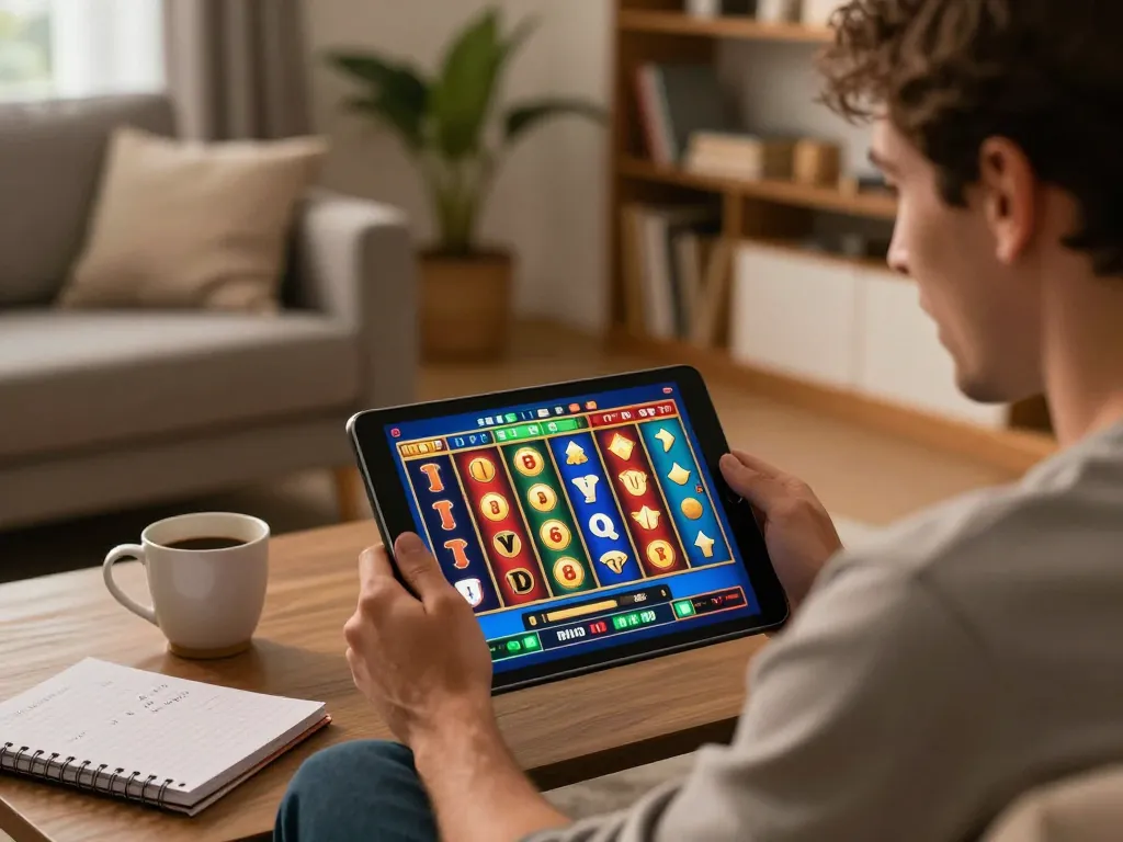 Kkwin player enjoying an online slot game on tablet in cozy home setting