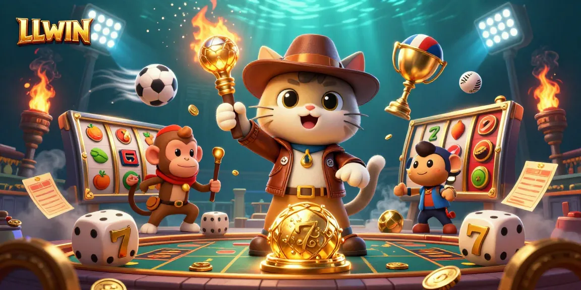 Experience LLWIN's thrilling casino adventure with treasure, slot reels, and energetic characters.