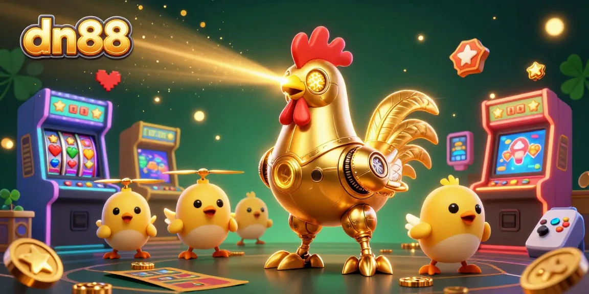Engage with dn88's exciting gaming experience, featuring a golden rooster robot and vibrant casino elements.