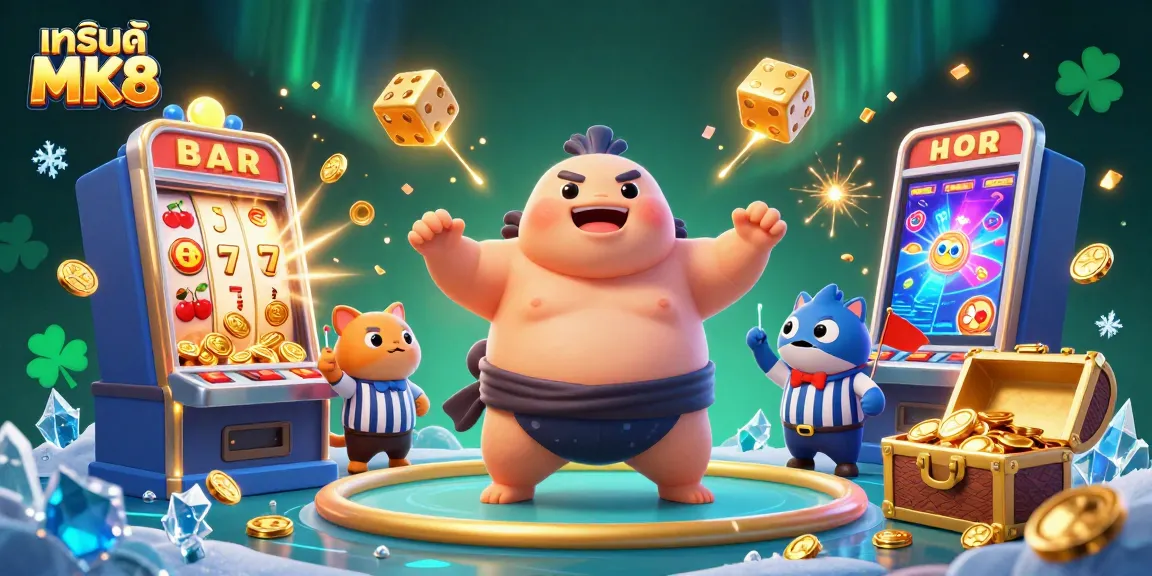Engage with the vibrant world of gambling at แบรนด์ MK8, featuring colorful casino elements and lively sea creatures.