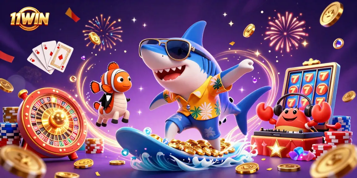 11WIN brings excitement with a shark surfing gold coins in this dynamic casino-themed illustration.