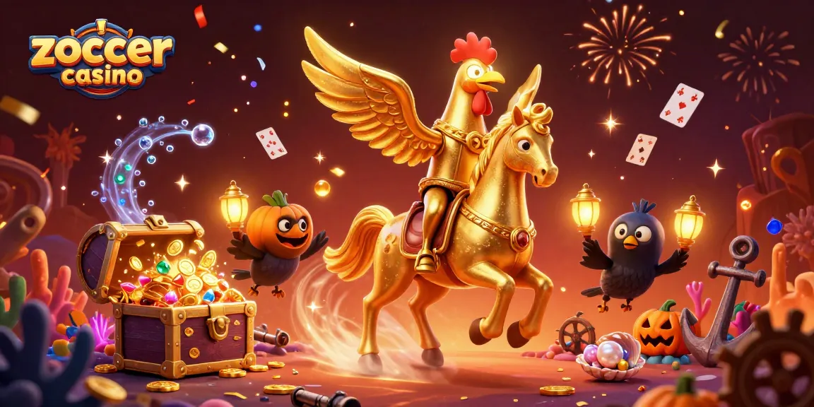 Zoccer casino offers thrilling gaming and vibrant visuals, featuring a golden rooster and dynamic casino elements.