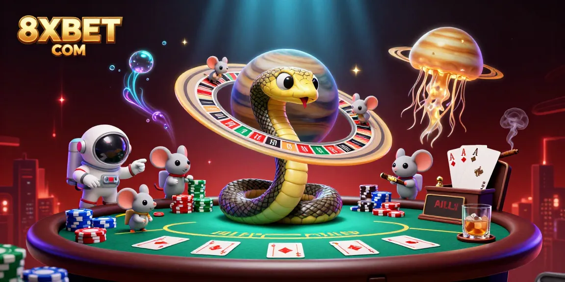 Place bets in an exciting atmosphere at 8XBET COM, featuring a cosmic roulette scene with engaging characters.